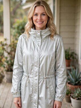 Anatomie Silver Packable High-Collar Trench Windbreaker Light Weight Xl